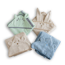 Load image into Gallery viewer, TRIANGLE BATHROBE WITH HOOD IN 100% BAMBOO - HIPPO - MINT - RESERVED ITEM MATTEO BIRTH LIST
