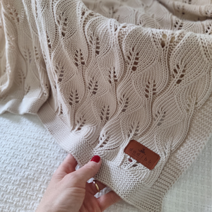 KNITTED BAMBOO BLANKET - LEAF TEXTURE - 80x100 - LIGHT BEIGE