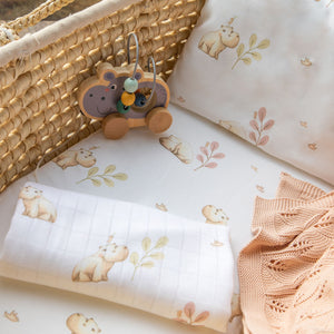 NEXT2ME SET - Fitted sheet, pillowcase &amp; muslin - 100% BAMBOO - BABY HIPPO